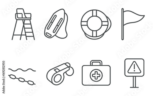 Lifeguard equipment icons: whistle, life vest, first aid kit, lifebuoy, flag