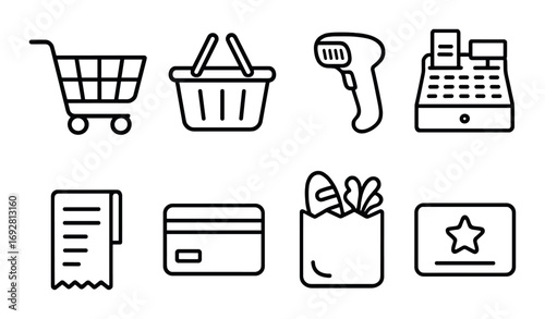 Shopping icon set featuring cart basket scanner and register on gray background