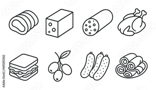 Icon set of food items: meat, cheese, sandwich, olives, cucumber
