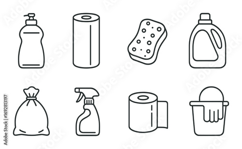 Collection of cleaning products: soap, sponge, detergent, trash bag, spray, paper towel, bucket