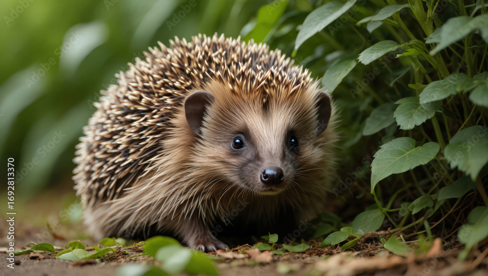 Fototapeta premium A Charming European Hedgehog Foraging Among Green Plants, Displaying its Quills and Curious Expression in a Natural Outdoor Environment on a Sunny Day