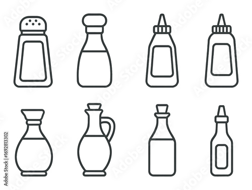 Outline icons of various condiment bottles on gray background