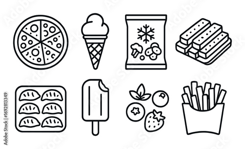 Monochrome food icons: pizza, ice cream, frozen snacks, fruit, fries