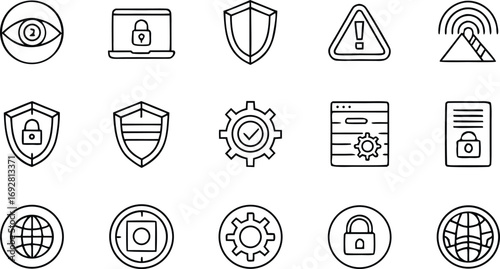 Cyber security icons set contains such icons as security, lock, safety, password, protection, virus, data, shield, etc