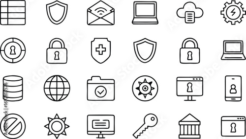 Cyber security icons set contains such icons as security, lock, safety, password, protection, virus, data, shield, etc