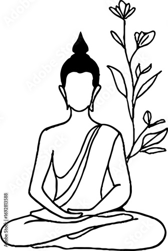Minimalist line art of meditating figure with floral elements for relaxation and wellness design