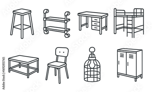 Outline of various furniture types including chair table locker and more