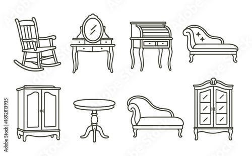 Elegant vintage furniture collection: rocking chair, vanity, desk, chaise lounge, cabinet, table