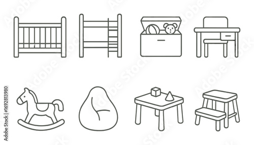 Silhouette icons of nursery furniture and toys on dark background