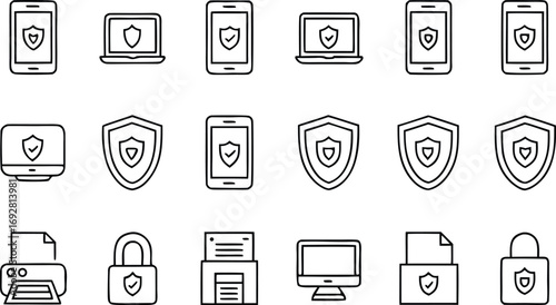 Cyber security icons set contains such icons as security, lock, safety, password, protection, virus, data, shield, etc