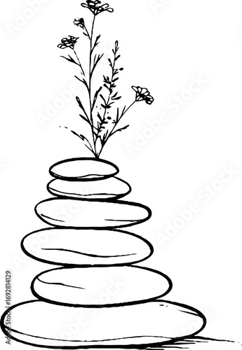 Harmony and balance: minimalist line art of stacked river stones and delicate flowers