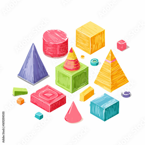 Funky abstract isometric geometric shapes and forms. Crayon drawn playful 3D figures. Set of isometric simple childish constructions.