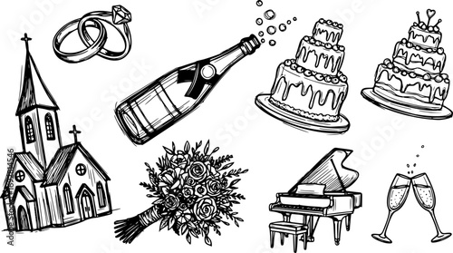 Set of Hand Drawn Wedding Illustrations with Rings, Champagne, Cake, Bouquet, Church, Piano and Glasses. Vector Wedding Elements for Invitations, Cards and Posters
