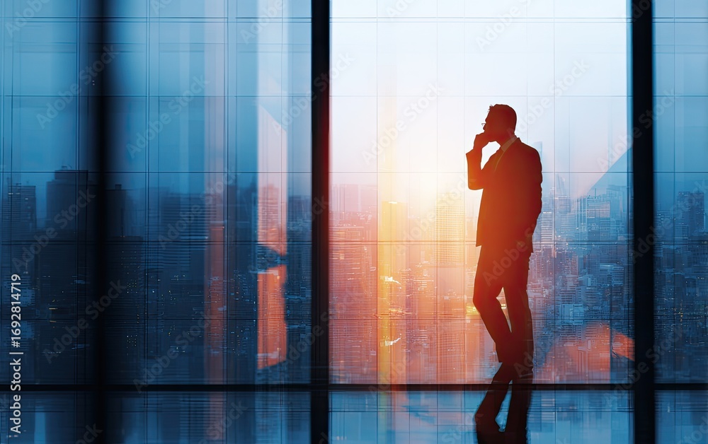 Fototapeta premium Silhouette of a businessman talking on a phone by a large window overlooking a city