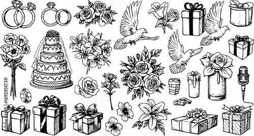 Wedding Elements Collection. Set of Hand Drawn Wedding Illustrations with Rings, Cake, Flowers, Doves, Gifts and Microphone. Vector Design for Invitations, Greeting Cards and Posters