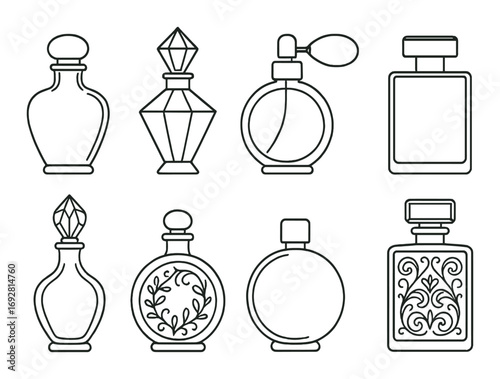Elegant outline of vintage perfume bottles against a gold background