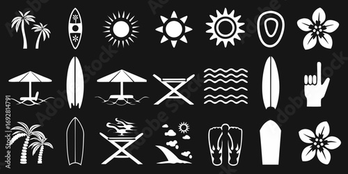 Collection of white summer beach and vacation icons on a black background