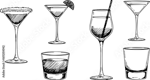 Set of Popular Alcoholic Cocktails in Linear Style. Margarita, Martini, Cosmopolitan and Espresso Martini Vector Illustrations for Drink Cards, Bar Menus, Wedding Invitations and Websites