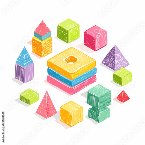 Funky abstract isometric geometric shapes and forms. Crayon drawn playful 3D figures. Set of isometric simple childish constructions.
