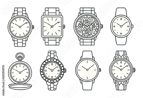 Collection of eight stylish watch designs on brown background