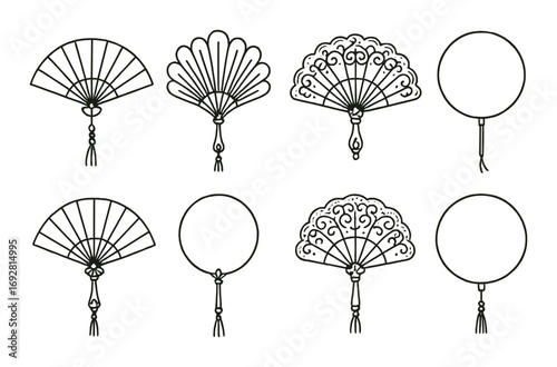 Collection of vintage hand fan designs on elegant gold background