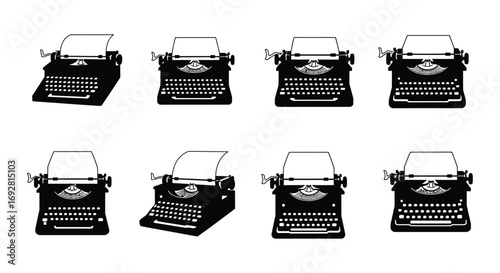 vintage typewriters arranged neatly in rows and columns