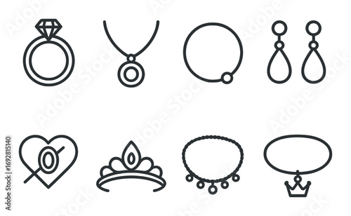 Elegant jewelry icons: rings, necklaces, earrings, bracelets, crowns, and pendants