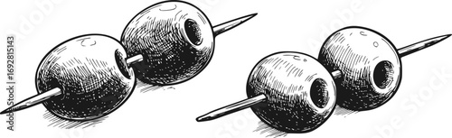 Hand Drawn Vintage Illustration of Two Olives on Cocktail Stick in Engraving Style. Vector Design for Food, Cocktails, Bars and Restaurant Projects