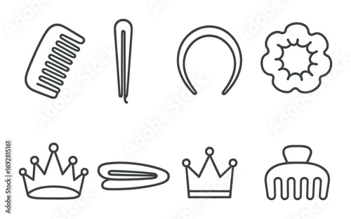 Outline icons of hair accessories: combs, hairpins, crowns, scrunchie