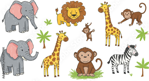 A collection of cartoon-style African animals including elephants, giraffes, monkeys, a lion, and a zebra, along with palm trees and leaves.