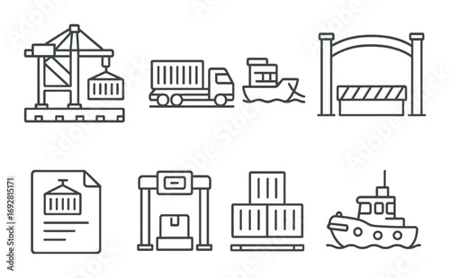 Monochrome outline icons of cargo shipping and logistics elements