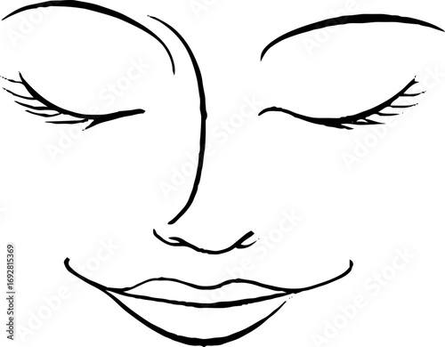 Minimalist line art illustration of a smiling face with closed eyes