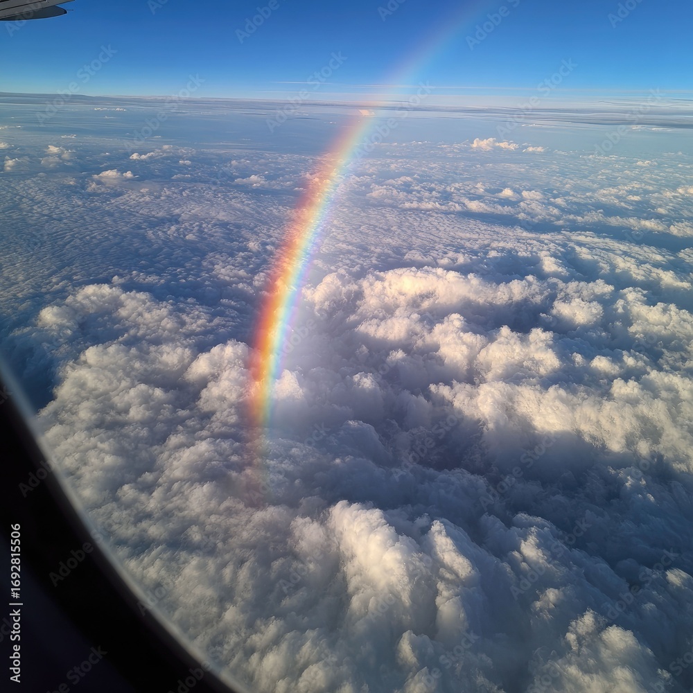 Obraz premium Delicate rainbow seen from an airplane window above clouds