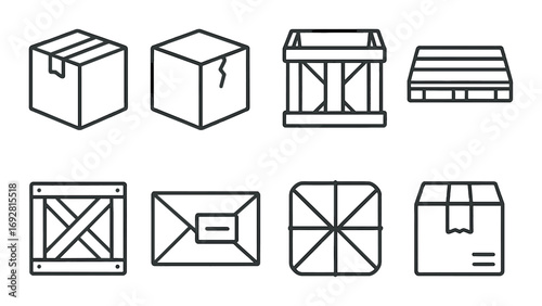 Set of eight simple icons of boxes and crates on gradient background