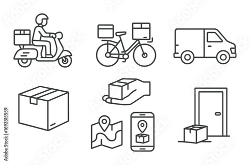 Monochrome icons: delivery methods and tools for package transport and tracking
