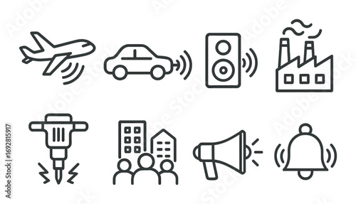 Industrial noise icons: airplane, car, speaker, factory, drill, buildings, megaphone, bell