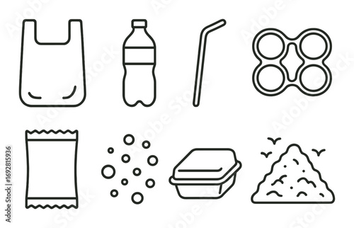 Plastic waste icons: bag, bottle, straw, ring, packet, bubbles, container, litter