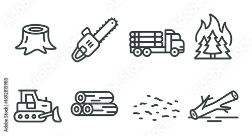Forestry equipment icons: chainsaw, truck, fire safety, logging operations