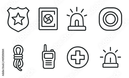 Emergency icons set: badge, safe, siren, target, rope, radio, medical, alarm