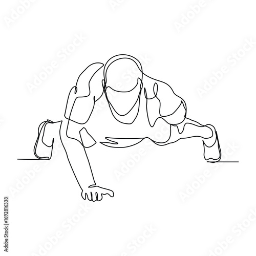 Continuous line drawing of sporty man push up work out. Single line art of gym fitness and healthy life style. Vector illustration