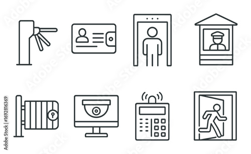 Security system icons: access control, id verification, surveillance, and emergency exit