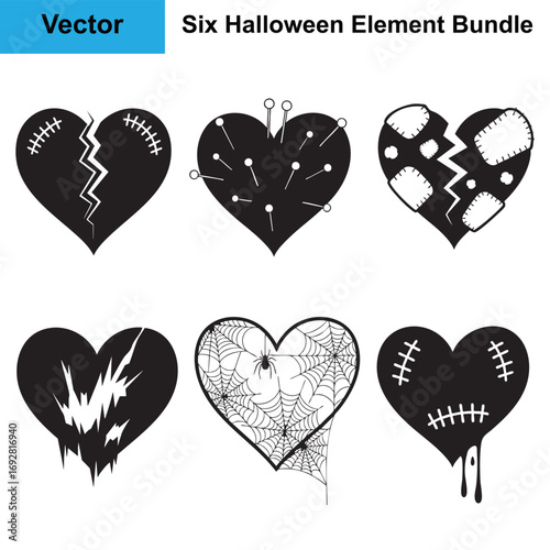 Halloween Stitched Heart Silhouette Bundle Six Vector Elements