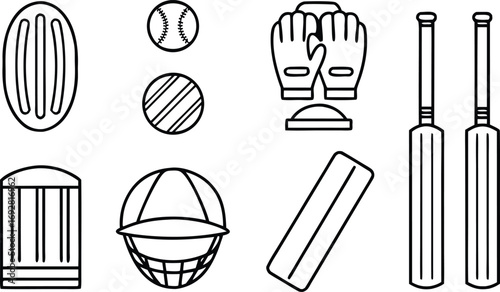 Set of cricket icons in line style includes bat, ball, helmet, glove, pad, wicket, and other equipment symbols for sport design