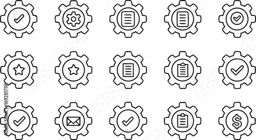 Gear icon set contains icons as check mark, star, document, message, dollar and more vector illustration in line style