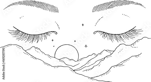 Minimalist line art of closed eyes over mountain landscape with stars