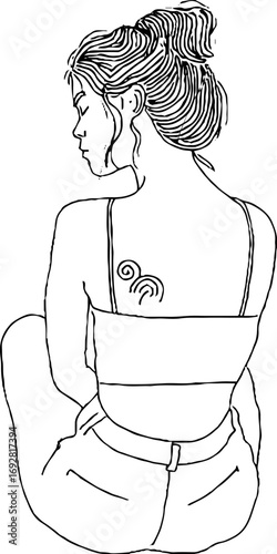 Minimalist line art of a pensive woman with a tattoo - elegant linear design for aesthetic decor