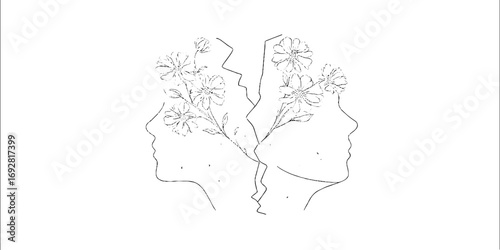 Abstract minimalist line art of floral infused human profiles for aesthetic and tattoo design