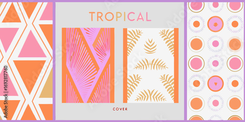 Collection of tropical themed patterns and designs with geometric shapes and palm leaves in pastel colors