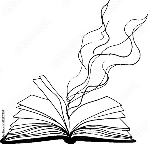 Minimalist open book line art with flowing lines for literary design and decor