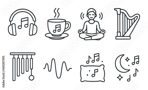 Relaxing music icons: headphones, coffee, meditation, harp, chimes, soundwave, pillow, moon